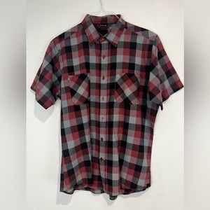Slightly used short sleeve red, black & grey plaid Krew button up shirt in Large